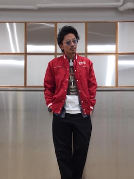 「ワイドスラックス」｜「アイテム（スタジャン）」を使った、京都くんさん（メンズ・172cm）の春コーディネート