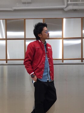 「ウエスタンシャツ」｜「アイテム（スタジャン）」を使った、京都くんさん（メンズ・172cm）の春コーディネート