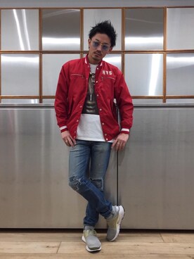 「コラボレーション」｜「アイテム（スタジャン）」を使った、京都くんさん（メンズ・172cm）の春コーディネート