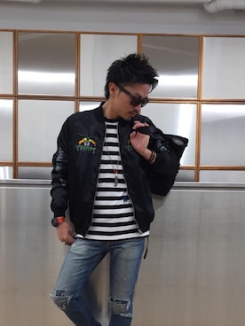 「トートバック」｜「アイテム（スカジャン）」を使った、京都くんさん（メンズ・172cm）の春コーディネート