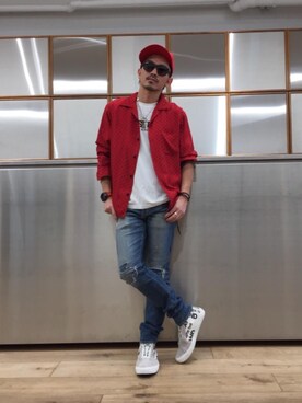 「HYSTERIC GLAMOUR（ヒステリックグラマー）のHYS WHISKY柄 刺繍キャップ（キャップ）」を使った、京都くんさん（メンズ・172cm）の春コーディネート