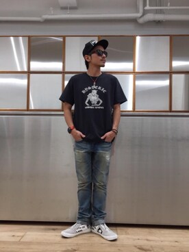 「HYSTERIC GLAMOUR（ヒステリックグラマー）のHYS WHISKY柄 刺繍キャップ（キャップ）」を使った、京都くんさん（メンズ・172cm）の夏コーディネート