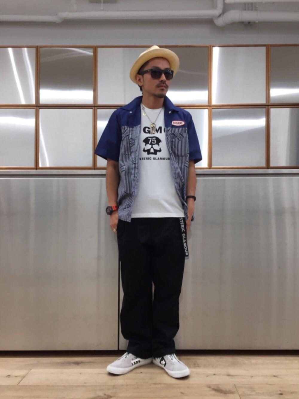 「カジュアル、ストリート、コラボレーション、G-SHOCK、ラフ、夏コーデ、半袖シャツ、ヒステリックグラマー、90'sスタイル、エンジニアシャツ」｜「HYSTERIC GLAMOURのミリタリーチノパンツ（チノパンツ、ブラック系）」を使った、京都くんさん（メンズ・172cm）の夏コーディネートの1枚目の写真