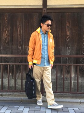 「長袖シャツ」｜「アイテム（スタジャン）」を使った、京都くんさん（メンズ・172cm）の秋コーディネート