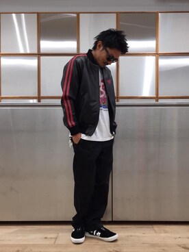 「レザーコーデ」｜「アイテム（ジャージ）」を使った、京都くんさん（メンズ・172cm）の秋コーディネート