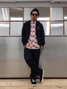 「アイテム（カバーオール、レッド系）」を使った、京都くんさん（メンズ・172cm）の秋コーディネート