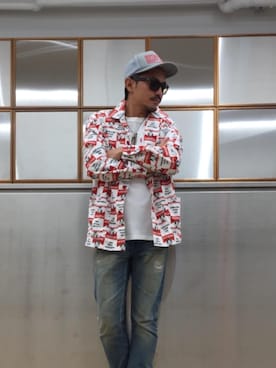 「アイテム（カバーオール、レッド系）」を使った、京都くんさん（メンズ・172cm）の秋コーディネート