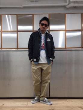「長袖シャツ」｜「アイテム（スタジャン）」を使った、京都くんさん（メンズ・172cm）の秋コーディネート