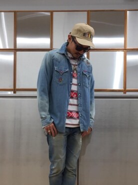 「HYSTERIC GLAMOUR（ヒステリックグラマー）のGIRLS BORDER総柄ジャカード リブ付Tシャツ（Tシャツ/カットソー）」を使った、京都くんさん（メンズ・172cm）の秋コーディネート