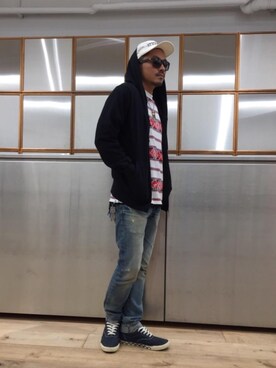 「HYSTERIC GLAMOUR（ヒステリックグラマー）のGIRLS BORDER総柄ジャカード リブ付Tシャツ（Tシャツ/カットソー）」を使った、京都くんさん（メンズ・172cm）の秋コーディネート