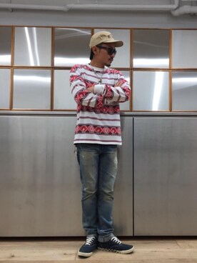 「HYSTERIC GLAMOUR（ヒステリックグラマー）のGIRLS BORDER総柄ジャカード リブ付Tシャツ（Tシャツ/カットソー）」を使った、京都くんさん（メンズ・172cm）の秋コーディネート