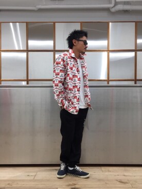 「アイテム（カバーオール、レッド系）」を使った、京都くんさん（メンズ・172cm）の秋コーディネート