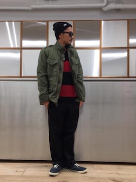 「ボーダーニット」｜「アイテム（チノパンツ）」を使った、京都くんさん（メンズ・172cm）の秋コーディネート