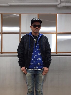 「HYSTERIC GLAMOUR（ヒステリックグラマー）のHYS WHISKY柄 刺繍キャップ（キャップ）」を使った、京都くんさん（メンズ・172cm）の秋コーディネート