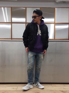 「HYSTERIC GLAMOUR（ヒステリックグラマー）のHYS WHISKY柄 刺繍キャップ（キャップ）」を使った、京都くんさん（メンズ・172cm）の秋コーディネート