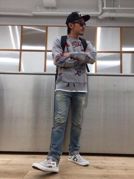 「HYSTERIC GLAMOUR（ヒステリックグラマー）のHYS WHISKY柄 刺繍キャップ（キャップ）」を使った、京都くんさん（メンズ・172cm）の秋コーディネート