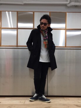 「チェック柄」｜「アイテム（ピーコート）」を使った、京都くんさん（メンズ・172cm）の秋コーディネート