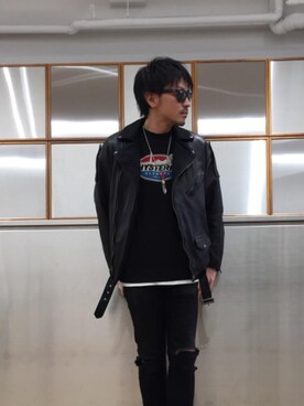 「レザーコーデ」｜「アイテム（スウェット）」を使った、京都くんさん（メンズ・172cm）の冬コーディネート