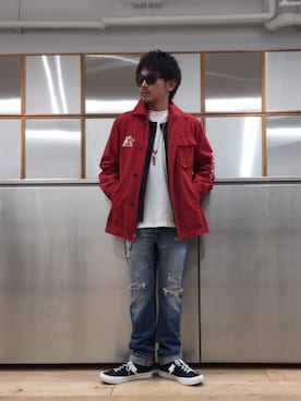 「アイテム（ミリタリージャケット、レッド系）」を使った、京都くんさん（メンズ・172cm）の冬コーディネート