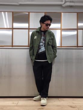 「ミリタリーコーデ」｜「アイテム（ルームウェア）」を使った、京都くんさん（メンズ・172cm）の冬コーディネート