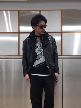 「ライダースコーデ」｜「アイテム（ルームウェア）」を使った、京都くんさん（メンズ・172cm）の冬コーディネート