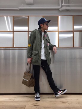 「HYSTERIC GLAMOUR（ヒステリックグラマー）のHYS WHISKY柄 刺繍キャップ（キャップ）」を使った、京都くんさん（メンズ・172cm）の春コーディネート