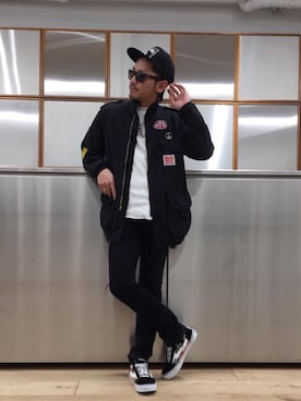 「HYSTERIC GLAMOUR（ヒステリックグラマー）のHYS WHISKY柄 刺繍キャップ（キャップ）」を使った、京都くんさん（メンズ・172cm）の春コーディネート