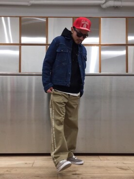 「HYSTERIC GLAMOUR（ヒステリックグラマー）のHYS WHISKY柄 刺繍キャップ（キャップ）」を使った、京都くんさん（メンズ・172cm）の春コーディネート