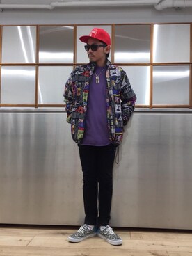 「HYSTERIC GLAMOUR（ヒステリックグラマー）のHYS WHISKY柄 刺繍キャップ（キャップ）」を使った、京都くんさん（メンズ・172cm）の春コーディネート