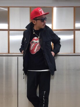 「HYSTERIC GLAMOUR（ヒステリックグラマー）のHYS WHISKY柄 刺繍キャップ（キャップ）」を使った、京都くんさん（メンズ・172cm）の春コーディネート