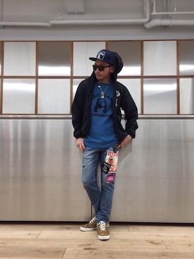 「HYSTERIC GLAMOUR（ヒステリックグラマー）のHYS WHISKY柄 刺繍キャップ（キャップ）」を使った、京都くんさん（メンズ・172cm）の春コーディネート