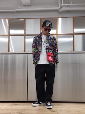 「HYSTERIC GLAMOUR（ヒステリックグラマー）のHYS WHISKY柄 刺繍キャップ（キャップ）」を使った、京都くんさん（メンズ・172cm）の春コーディネート