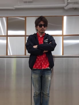 「半袖シャツ」｜「アイテム（ナイロンジャケット）」を使った、京都くんさん（メンズ・172cm）の春コーディネート