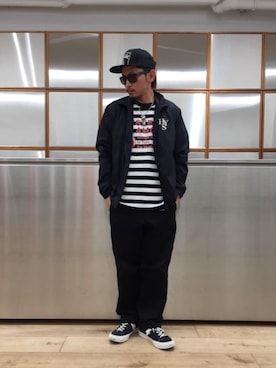 「HYSTERIC GLAMOUR（ヒステリックグラマー）のHYS WHISKY柄 刺繍キャップ（キャップ）」を使った、京都くんさん（メンズ・172cm）の春コーディネート