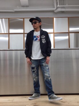 「HYSTERIC GLAMOUR（ヒステリックグラマー）のHYS WHISKY柄 刺繍キャップ（キャップ）」を使った、京都くんさん（メンズ・172cm）の春コーディネート