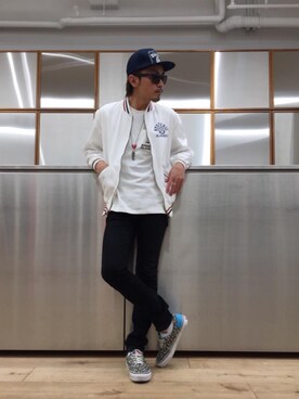 「HYSTERIC GLAMOUR（ヒステリックグラマー）のHYS WHISKY柄 刺繍キャップ（キャップ）」を使った、京都くんさん（メンズ・172cm）の春コーディネート