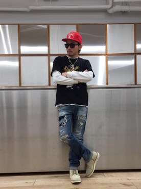 「HYSTERIC GLAMOUR（ヒステリックグラマー）のHYS WHISKY柄 刺繍キャップ（キャップ）」を使った、京都くんさん（メンズ・172cm）の春コーディネート