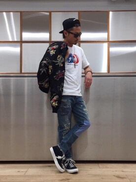 「HYSTERIC GLAMOUR（ヒステリックグラマー）のアイテム（スカジャン）」を使った、京都くんさん（メンズ・172cm）の夏コーディネート
