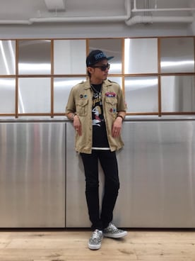 「ミリタリーコーデ」｜「アイテム（ルームウェア）」を使った、京都くんさん（メンズ・172cm）の夏コーディネート