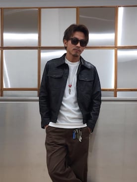 「レザーコーデ」｜「アイテム（その他アウター）」を使った、京都くんさん（メンズ・172cm）の秋コーディネート