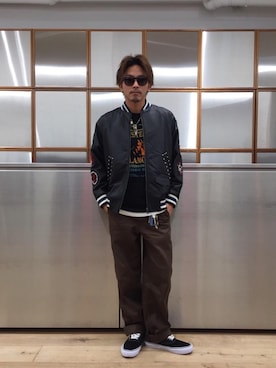 「レザーコーデ」｜「アイテム（スタジャン）」を使った、京都くんさん（メンズ・172cm）の秋コーディネート