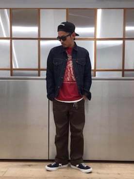 「HYSTERIC GLAMOUR（ヒステリックグラマー）のHYS WHISKY柄 刺繍キャップ（キャップ）」を使った、京都くんさん（メンズ・172cm）の秋コーディネート