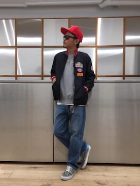 「レーシングジャケット」｜「アイテム（デニムパンツ）」を使った、京都くんさん（メンズ・172cm）の秋コーディネート