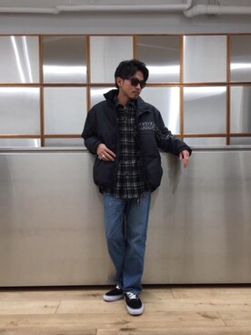 「長袖シャツ」｜「アイテム（ナイロンジャケット）」を使った、京都くんさん（メンズ・172cm）の秋コーディネート