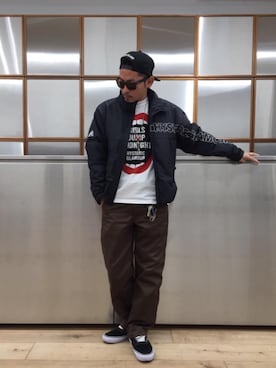 「HYSTERIC GLAMOUR（ヒステリックグラマー）のHYS WHISKY柄 刺繍キャップ（キャップ）」を使った、京都くんさん（メンズ・172cm）の冬コーディネート