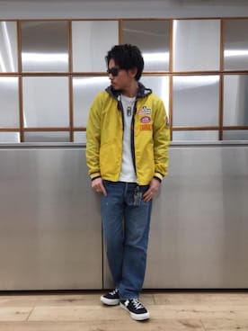 「レーシングジャケット」｜「アイテム（デニムパンツ）」を使った、京都くんさん（メンズ・172cm）の冬コーディネート