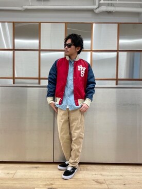 「長袖シャツ」｜「アイテム（スタジャン）」を使った、京都くんさん（メンズ・172cm）の冬コーディネート