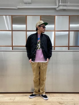 「コラボレーション」｜「アイテム（スタジャン）」を使った、京都くんさん（メンズ・172cm）の冬コーディネート