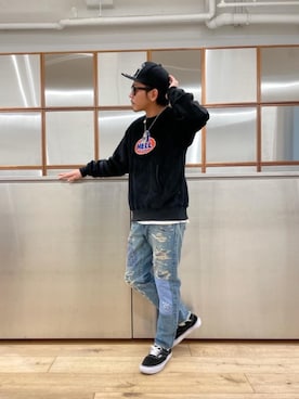 「HYSTERIC GLAMOUR（ヒステリックグラマー）のHYS WHISKY柄 刺繍キャップ（キャップ）」を使った、京都くんさん（メンズ・172cm）の冬コーディネート