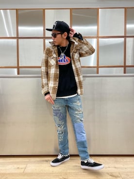 「HYSTERIC GLAMOUR（ヒステリックグラマー）のHYS WHISKY柄 刺繍キャップ（キャップ）」を使った、京都くんさん（メンズ・172cm）の春コーディネート